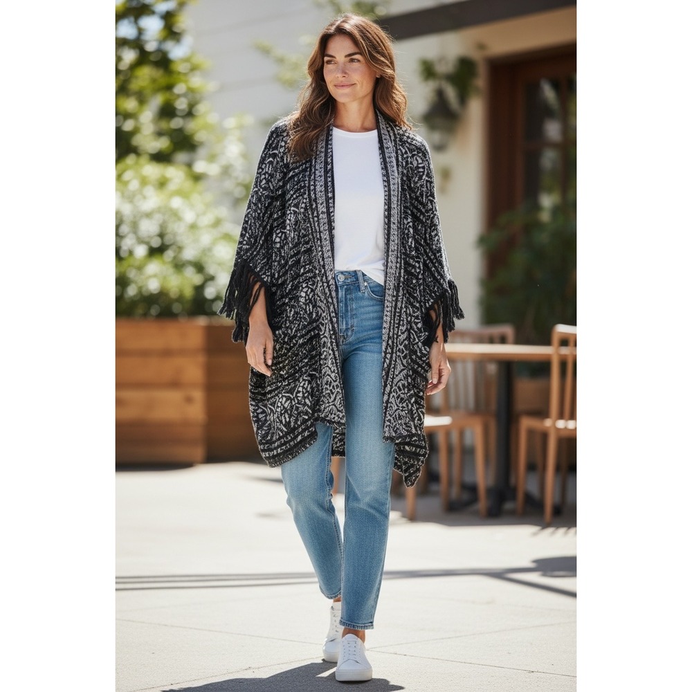 Free People Black Grey Patterned Fringe Knit Kimono Cardigan XS/S OB428173